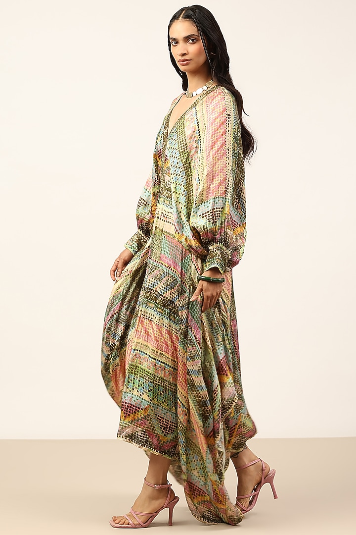 Green Dehri Satin Abstract Printed Midi Vacation Dress by Ritu Kumar at Pernia's Pop Up Shop
