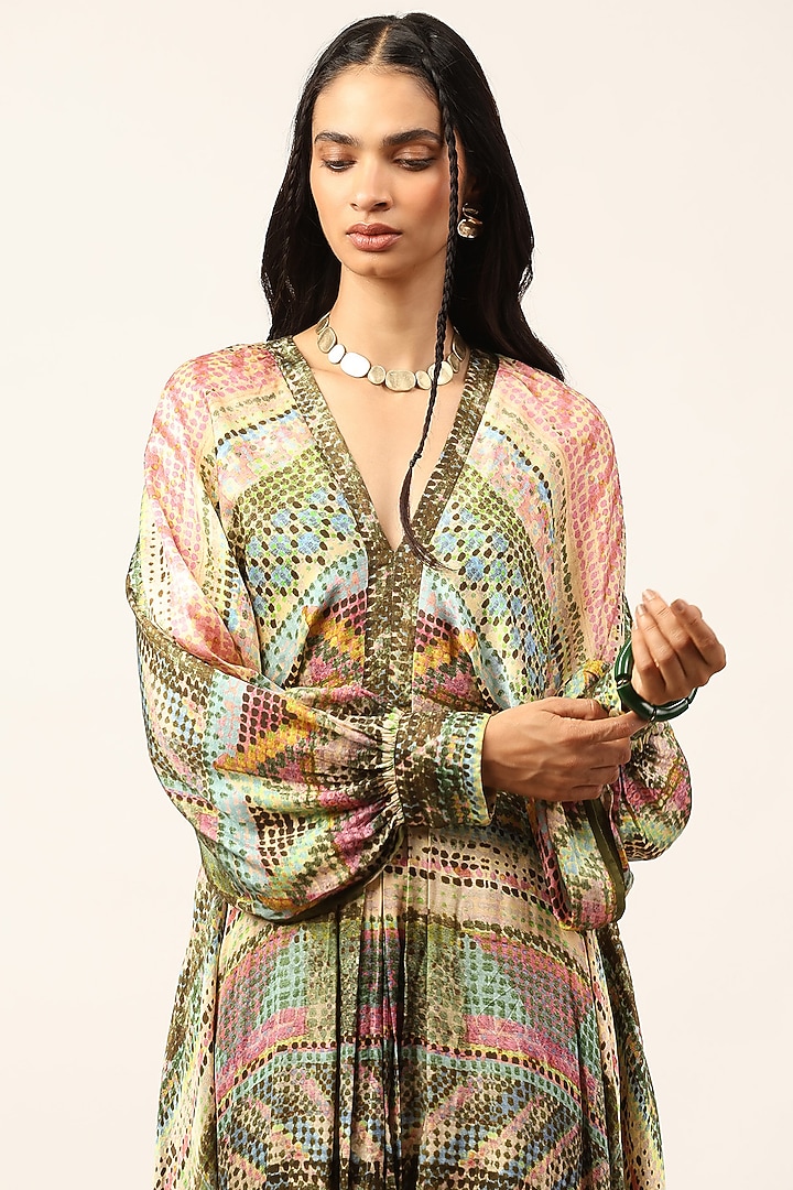 Green Dehri Satin Abstract Printed Midi Vacation Dress by Ritu Kumar at Pernia's Pop Up Shop