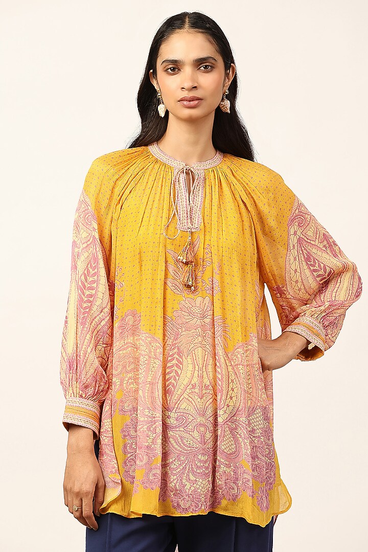 Yellow Viscose Chinon Floral Printed Top by Ritu Kumar at Pernia's Pop Up Shop