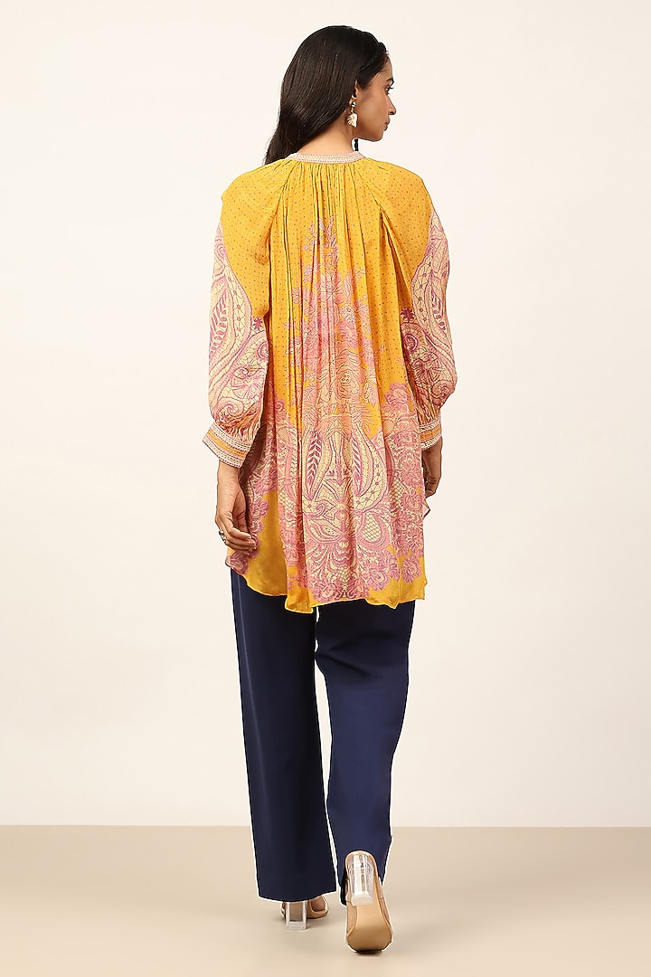 Yellow Viscose Chinon Floral Printed Top by Ritu Kumar at Pernia's Pop Up Shop