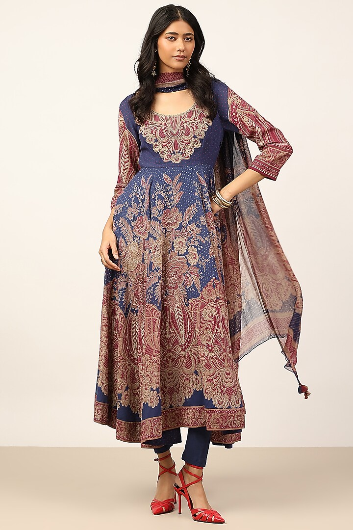 Blue Cotton Viscose Georgette Floral Printed Kurta Set by Ritu Kumar at Pernia's Pop Up Shop