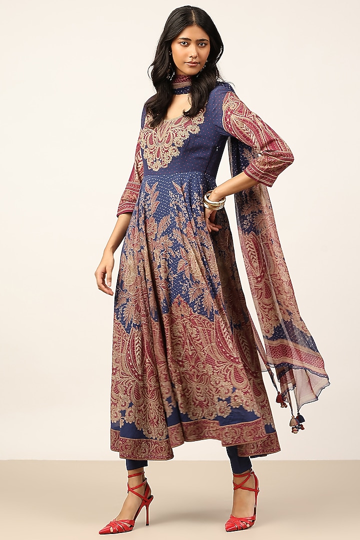 Blue Cotton Viscose Georgette Floral Printed Kurta Set by Ritu Kumar at Pernia's Pop Up Shop