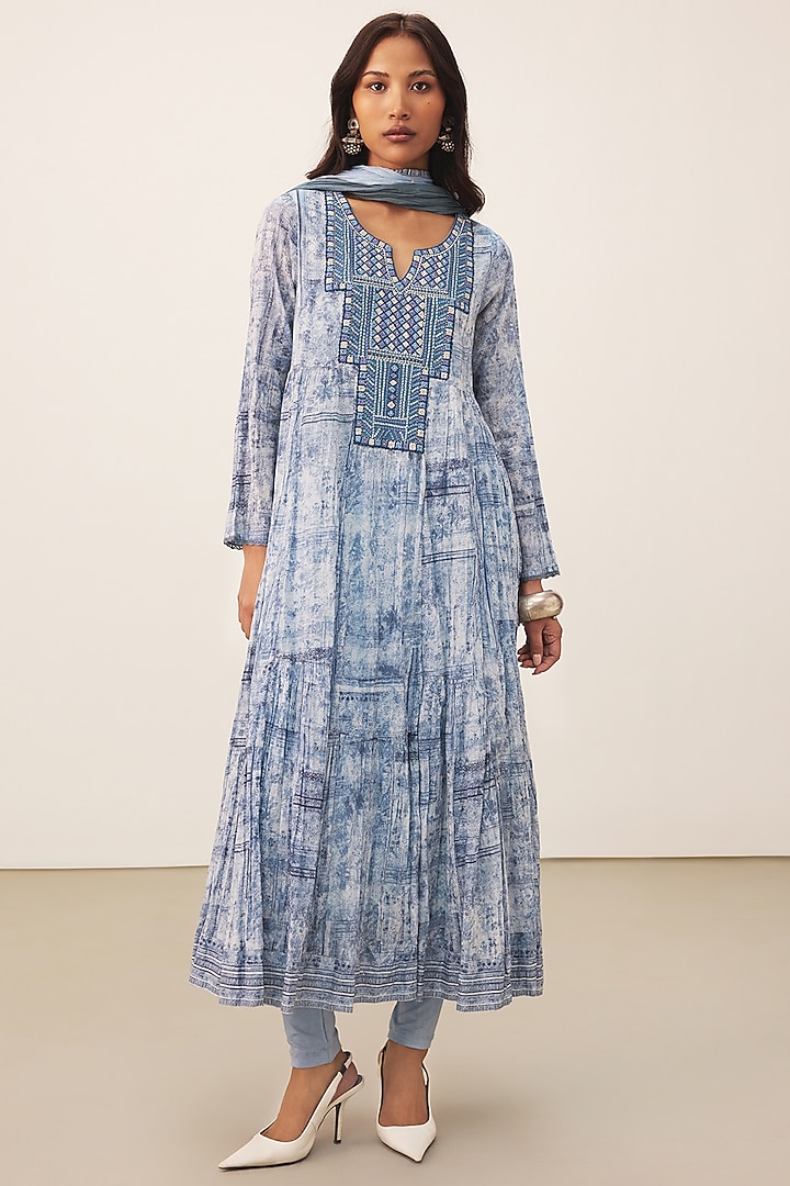 Blue Cotton Voile Abstract Printed Kurta Set by Ritu Kumar at Pernia's Pop Up Shop