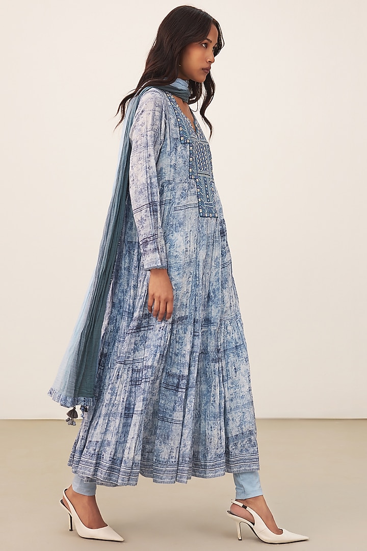 Blue Cotton Voile Abstract Printed Kurta Set by Ritu Kumar at Pernia's Pop Up Shop