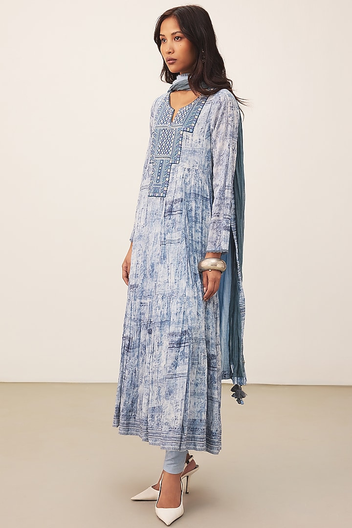 Blue Cotton Voile Abstract Printed Kurta Set by Ritu Kumar at Pernia's Pop Up Shop