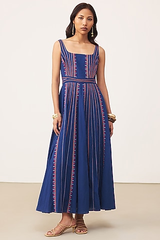 Blue Cotton Slub Maxi Dress by Ritu Kumar