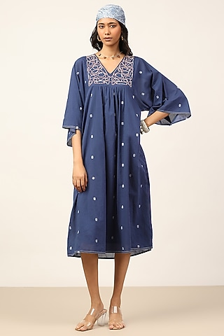 Blue Cotton Dobby Dress by Ritu Kumar