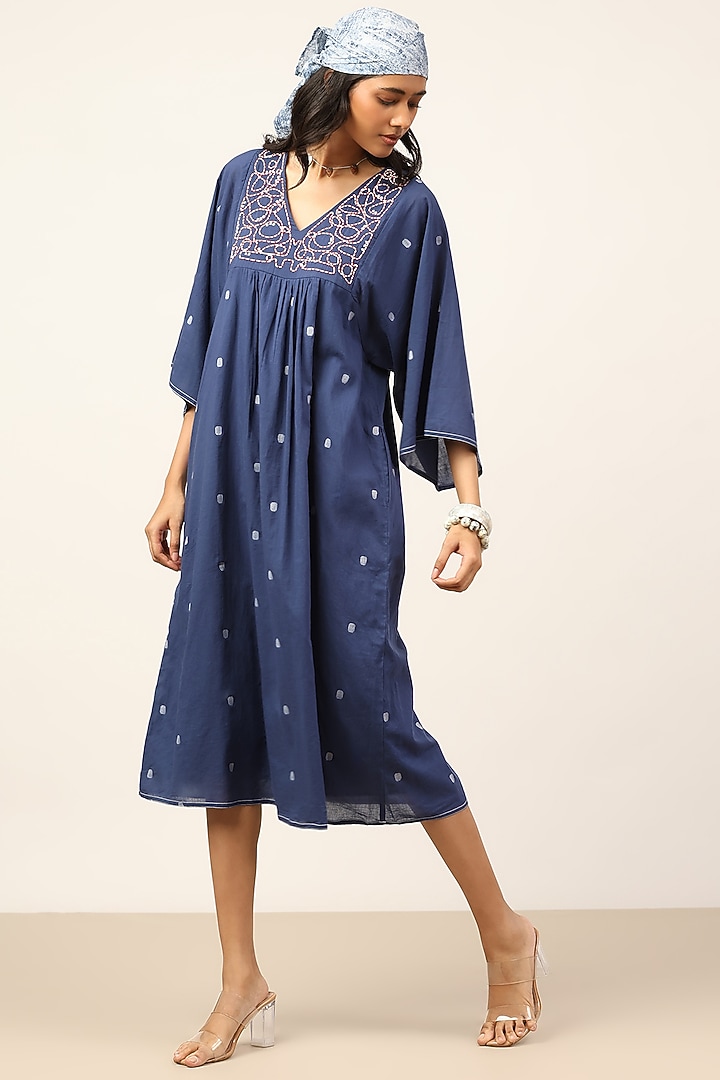 Blue Cotton Dobby Summer Dress by Ritu Kumar at Pernia's Pop Up Shop