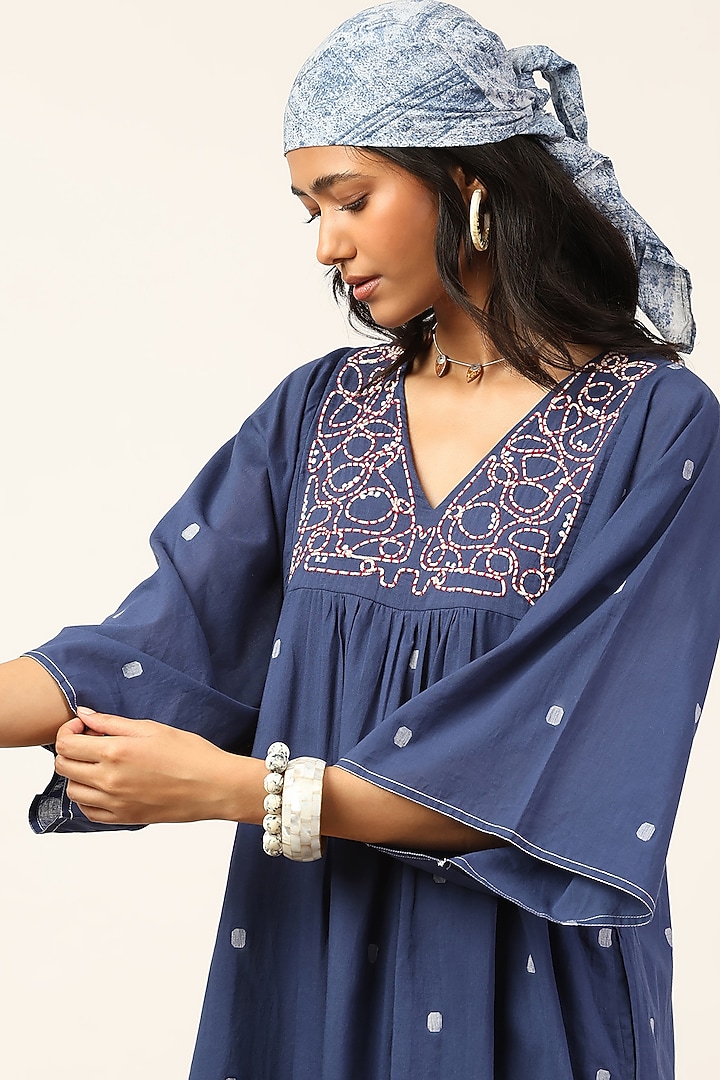 Blue Cotton Dobby Summer Dress by Ritu Kumar at Pernia's Pop Up Shop