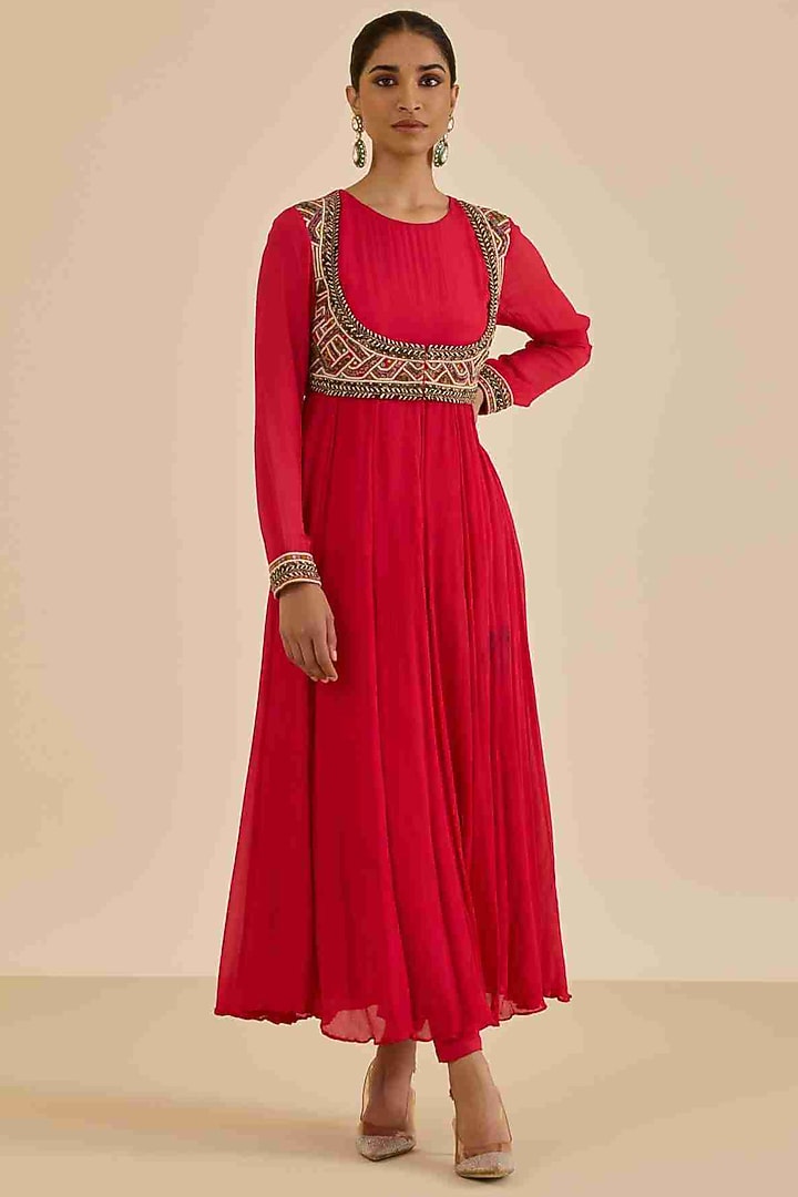 Red Viscose Chinon Party Wear Anarkali Set by Ritu Kumar at Pernia's Pop Up Shop