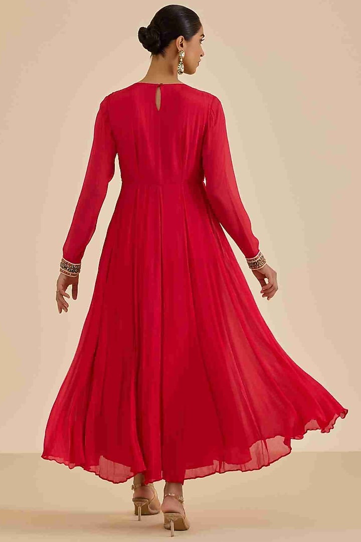 Red Viscose Chinon Party Wear Anarkali Set by Ritu Kumar at Pernia's Pop Up Shop