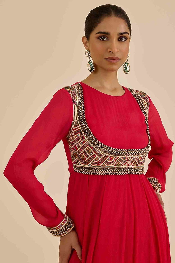 Red Viscose Chinon Party Wear Anarkali Set by Ritu Kumar at Pernia's Pop Up Shop