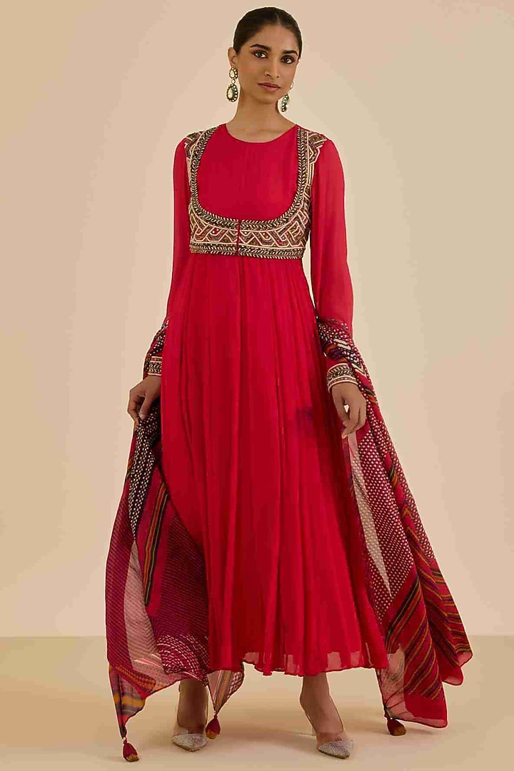 Red Viscose Chinon Party Wear Anarkali Set by Ritu Kumar at Pernia's Pop Up Shop