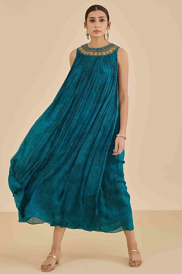 Teal Viscose Chinon A-Line Summer Dress by Ritu Kumar at Pernia's Pop Up Shop