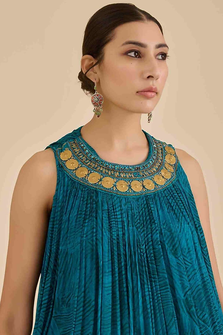 Teal Viscose Chinon A-Line Summer Dress by Ritu Kumar at Pernia's Pop Up Shop