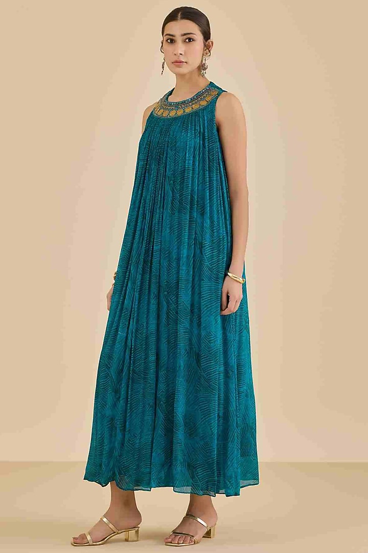 Teal Viscose Chinon A-Line Summer Dress by Ritu Kumar at Pernia's Pop Up Shop