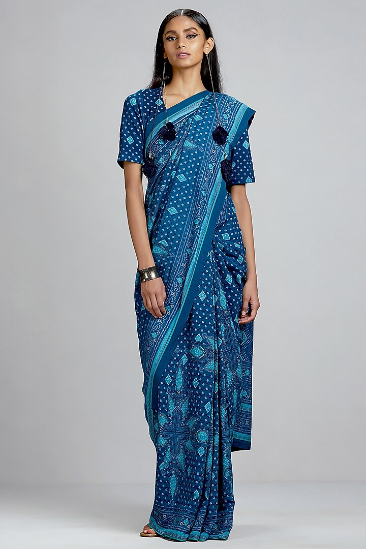 Blue Geometric Printed Saree by Ritu Kumar