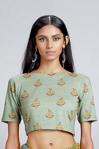 Green Floral Printed Blouse by Ritu Kumar
