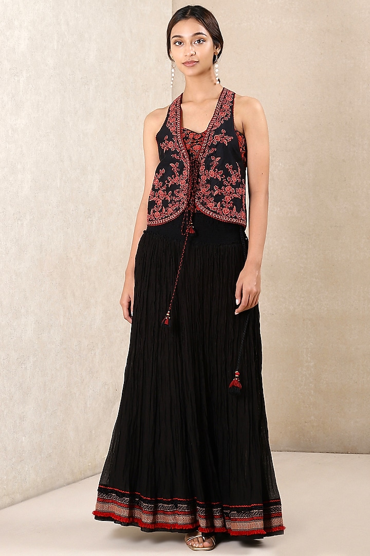 Black Skirt Set With Red Floral Print by Ritu Kumar