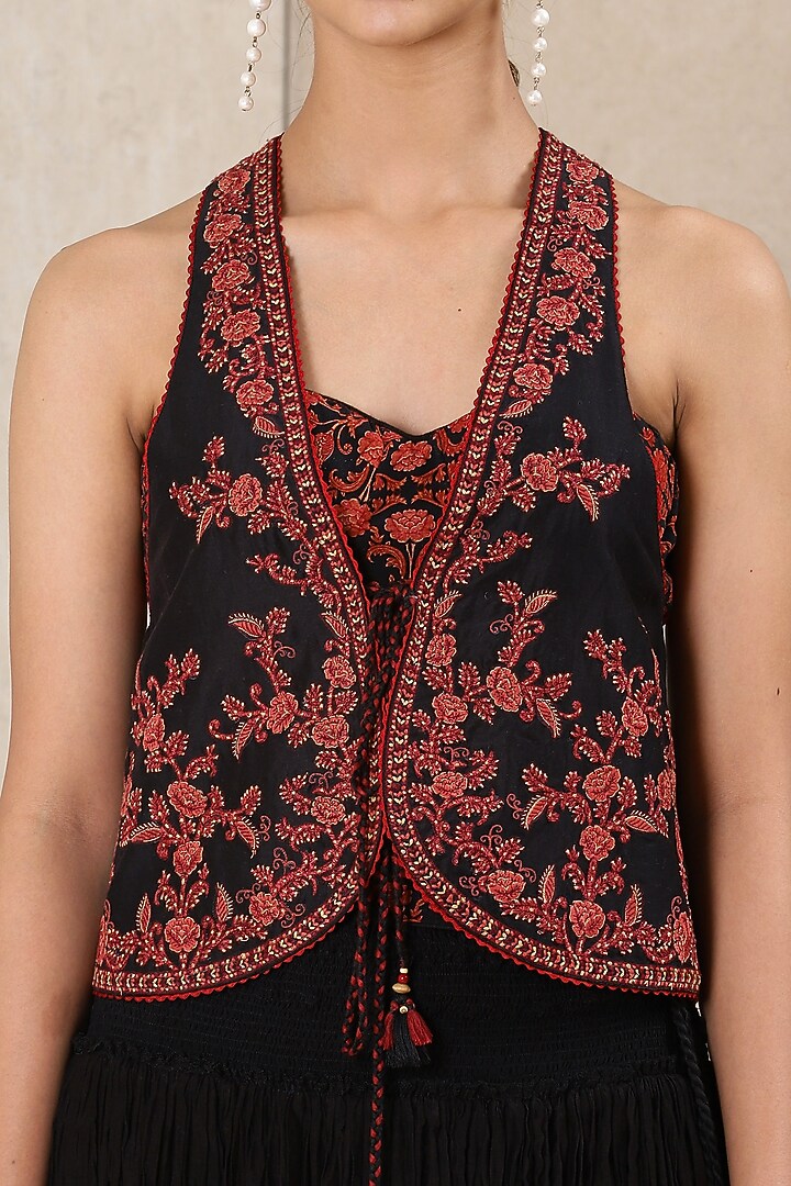 Black Skirt Set With Red Floral Print by Ritu Kumar at Pernia's Pop Up Shop