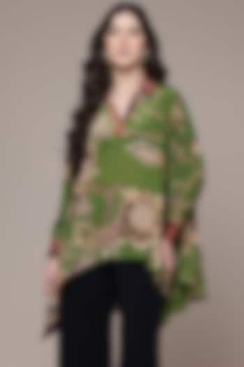 Green Viscose Crepe Floral Printed Asymmetric Short Kurta by Ritu Kumar at Pernia's Pop Up Shop