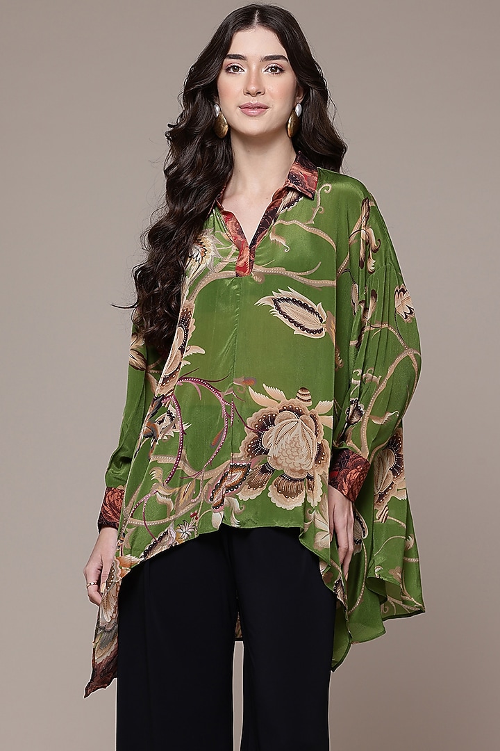 Green Viscose Crepe Floral Printed Asymmetric Short Kurta by Ritu Kumar at Pernia's Pop Up Shop