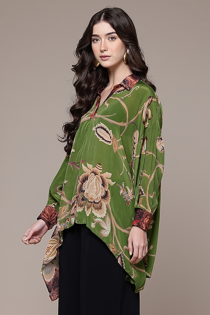 Green Viscose Crepe Floral Printed Asymmetric Short Kurta by Ritu Kumar at Pernia's Pop Up Shop