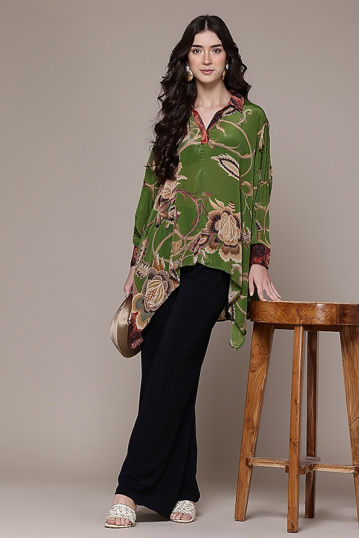 Green Viscose Crepe Floral Printed Asymmetric Short Kurta by Ritu Kumar at Pernia's Pop Up Shop