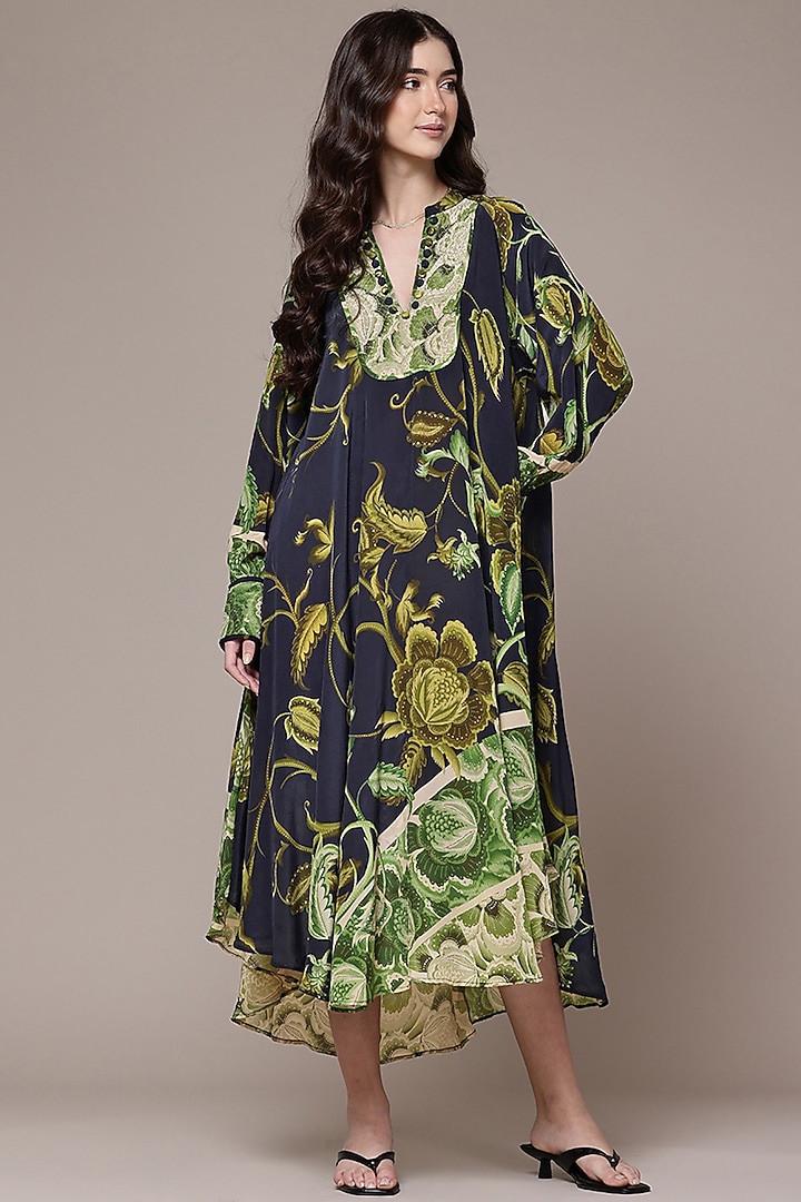 Blue Viscose Crepe Floral Printed Maxi Vacation Dress With Camisole by Ritu Kumar at Pernia's Pop Up Shop