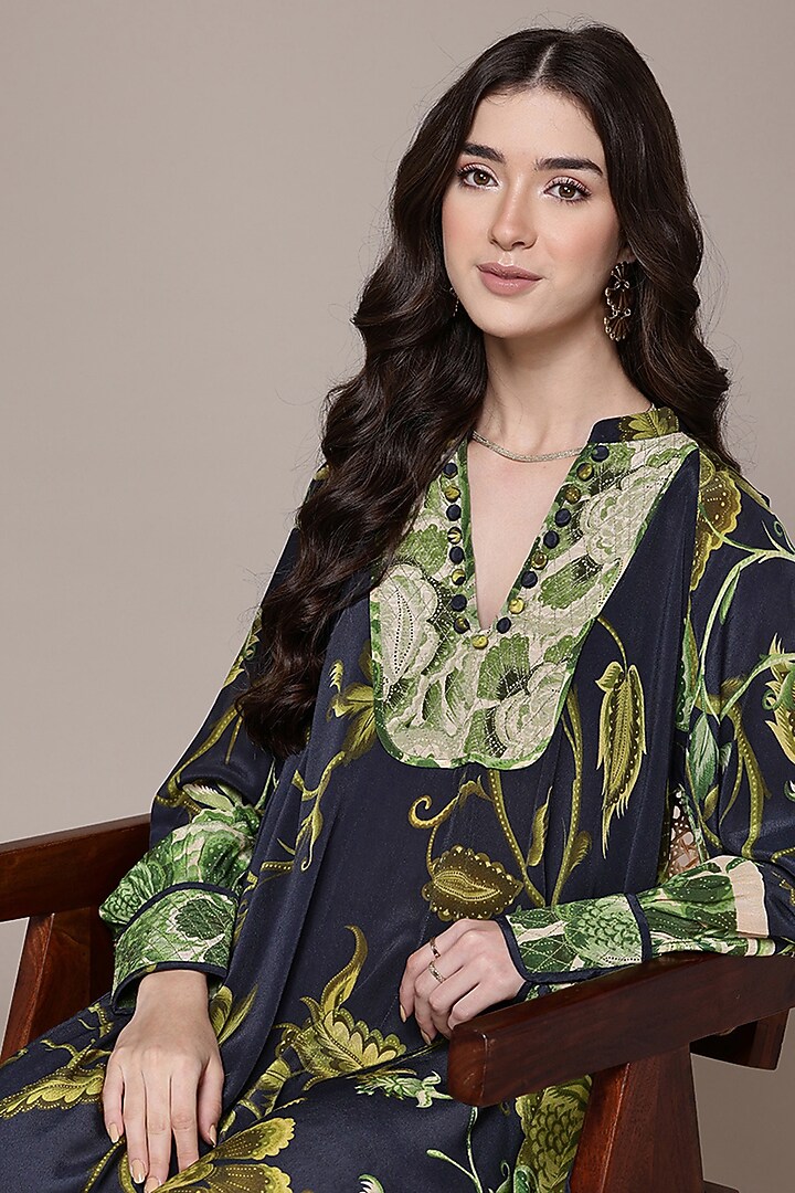 Blue Viscose Crepe Floral Printed Maxi Vacation Dress With Camisole by Ritu Kumar at Pernia's Pop Up Shop