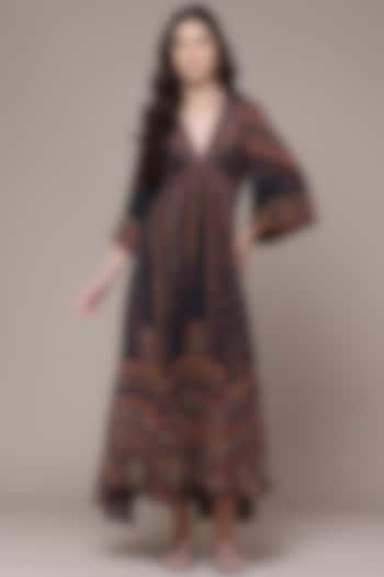 Black Viscose Crepe Floral Printed V-Neck Maxi Vacation Dress by Ritu Kumar at Pernia's Pop Up Shop