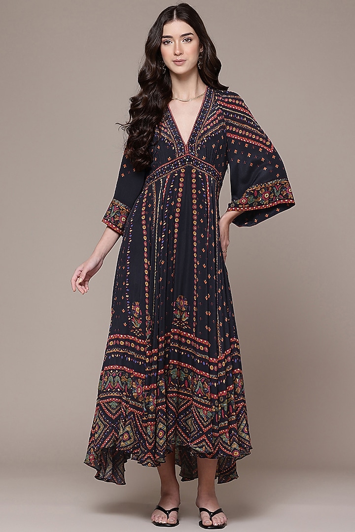 Black Viscose Crepe Floral Printed V-Neck Maxi Vacation Dress by Ritu Kumar at Pernia's Pop Up Shop