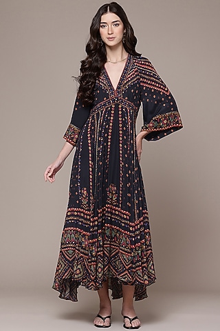 Black Viscose Crepe Floral Printed V-Neck Maxi Dress by Ritu Kumar