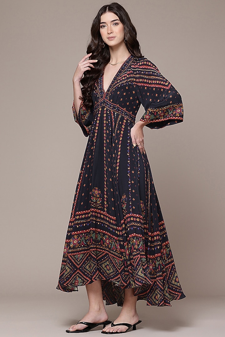 Black Viscose Crepe Floral Printed V-Neck Maxi Vacation Dress by Ritu Kumar at Pernia's Pop Up Shop