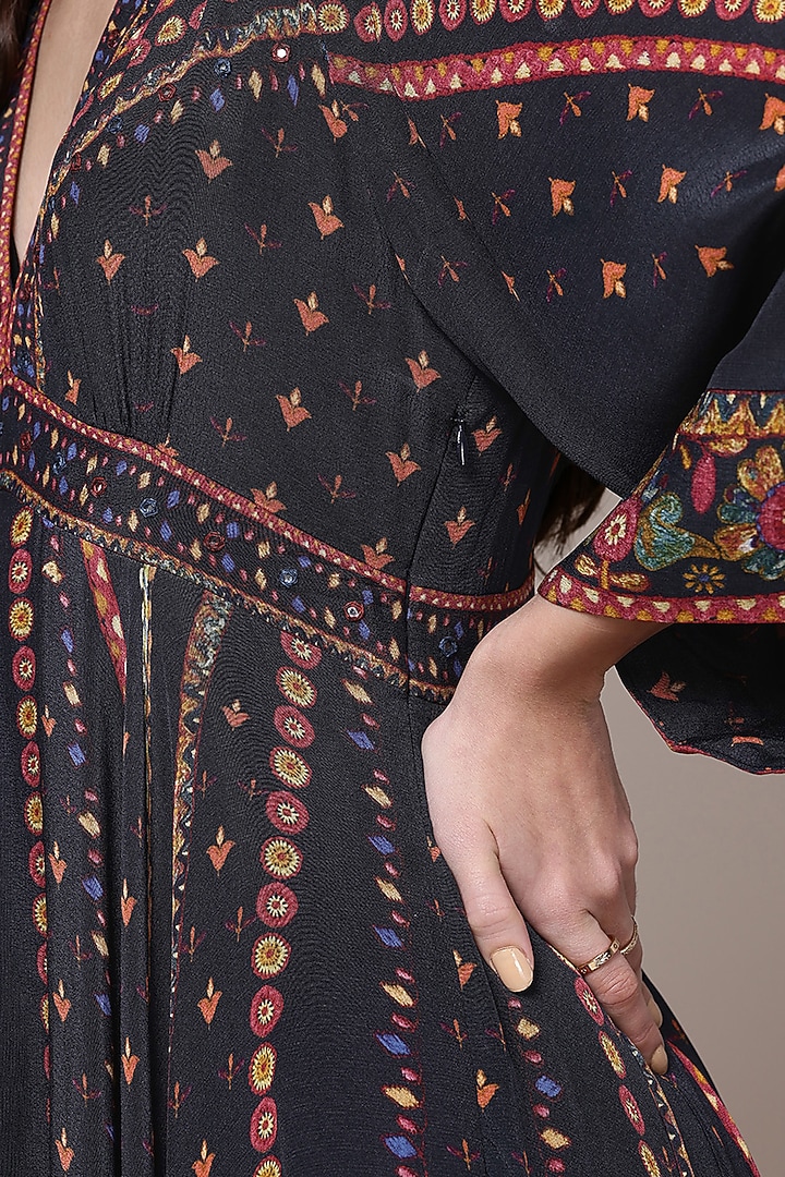 Black Viscose Crepe Floral Printed V-Neck Maxi Vacation Dress by Ritu Kumar at Pernia's Pop Up Shop