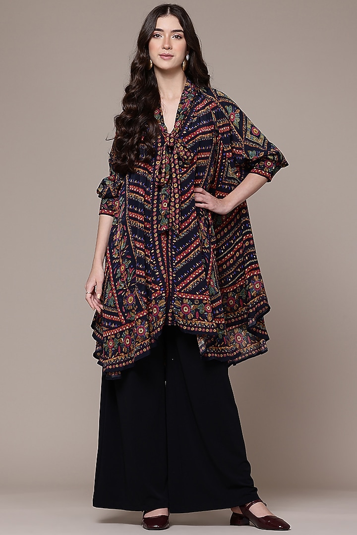 Black Viscose Crepe Geometric Printed Asymmetric Flared Top by Ritu Kumar at Pernia's Pop Up Shop