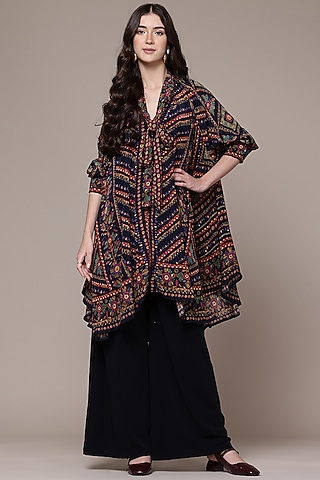 Black Viscose Crepe Geometric Printed Asymmetric Flared Top by Ritu Kumar