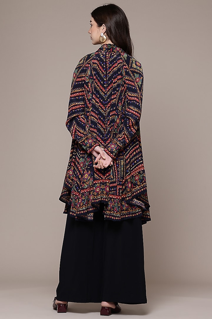Black Viscose Crepe Geometric Printed Asymmetric Flared Top by Ritu Kumar at Pernia's Pop Up Shop