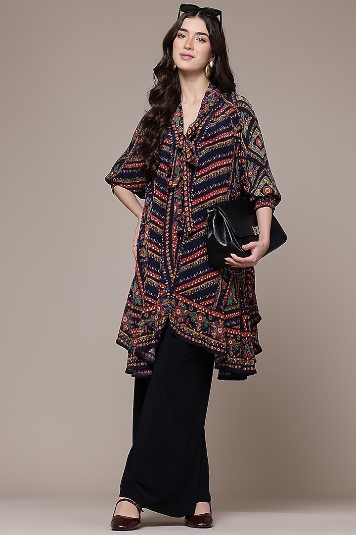 Black Viscose Crepe Geometric Printed Asymmetric Flared Top by Ritu Kumar at Pernia's Pop Up Shop