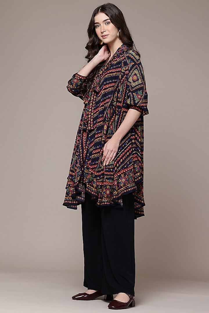 Black Viscose Crepe Geometric Printed Asymmetric Flared Top by Ritu Kumar at Pernia's Pop Up Shop
