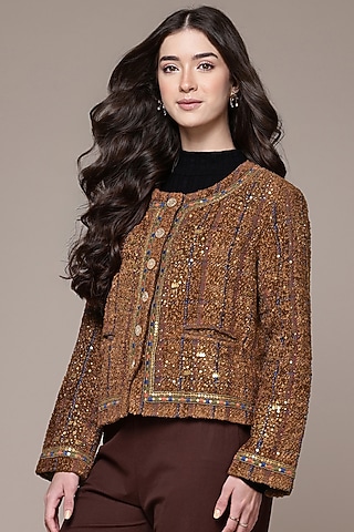 Brown Silk Boucle Jacket by Ritu Kumar
