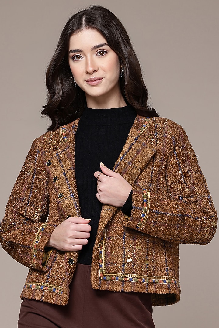Brown Silk Boucle Jacket by Ritu Kumar at Pernia's Pop Up Shop