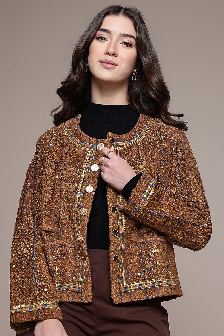 Brown Silk Boucle Jacket by Ritu Kumar at Pernia's Pop Up Shop