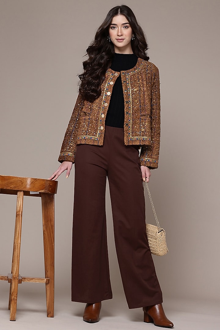 Brown Silk Boucle Jacket by Ritu Kumar at Pernia's Pop Up Shop