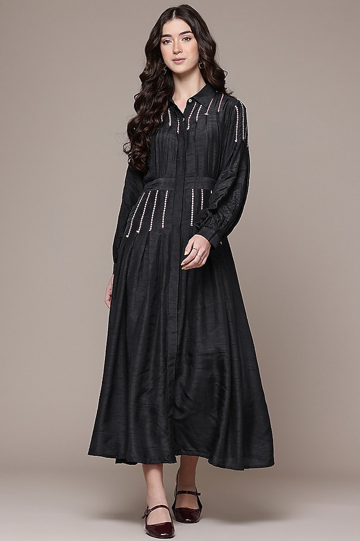 Black Viscose Dupion Flared Maxi Summer Dress by Ritu Kumar at Pernia's Pop Up Shop