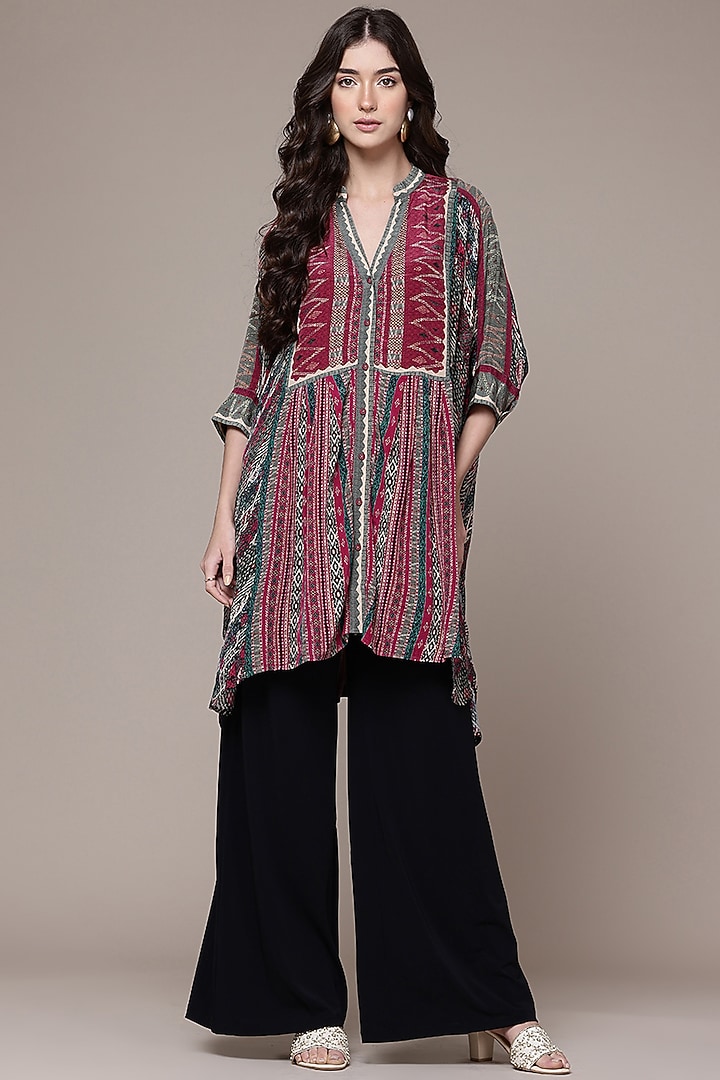 Red Viscose Crepe Tribal Printed Asymmetric Kurta by Ritu Kumar at Pernia's Pop Up Shop