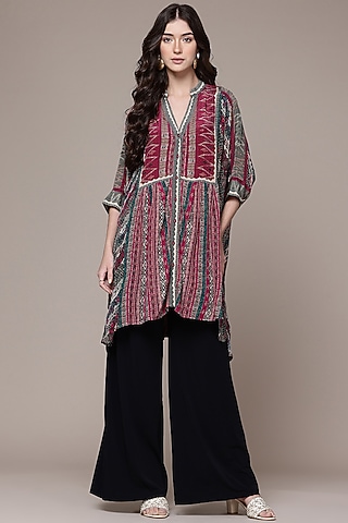 Red Viscose Crepe Tribal Printed Asymmetric Kurta by Ritu Kumar
