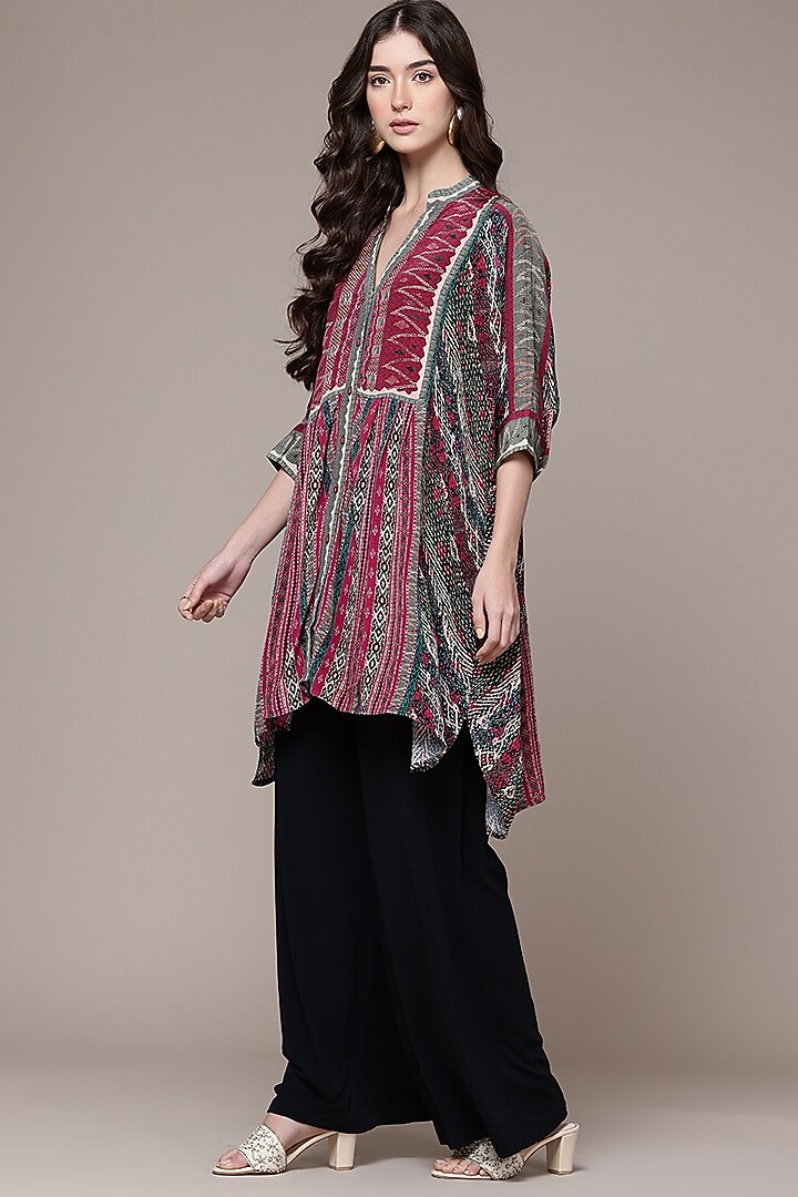 Red Viscose Crepe Tribal Printed Asymmetric Kurta by Ritu Kumar at Pernia's Pop Up Shop