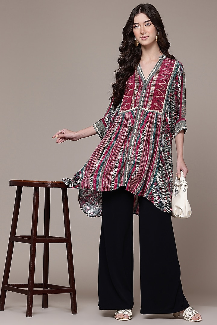 Red Viscose Crepe Tribal Printed Asymmetric Kurta by Ritu Kumar at Pernia's Pop Up Shop