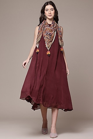 Wine Viscose Chiffon Halter Midi Dress With Scarf by Ritu Kumar